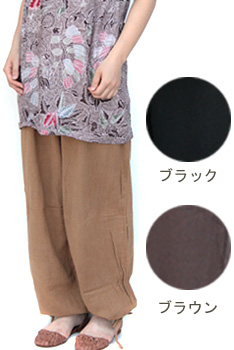 コットンゆったり　ウエスト紐パンツ（キャメル/ブラック/ブラウン）