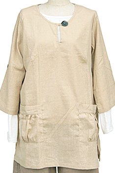 チュニック■シェル（貝）ボタンのリネンと綿のチュニック（BEIGE）