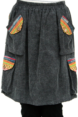 モン族刺繍ポケット膝丈スカート（ブラック）