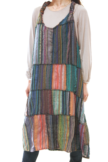 ワンピース□エスニックパッチワーク 絹100％ノースリーブワンピース