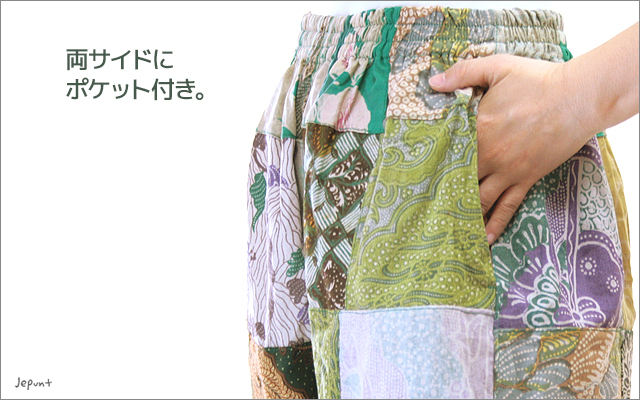 ショートパンツ□バリ島バティック古布のパッチワーク短パン（グリーン