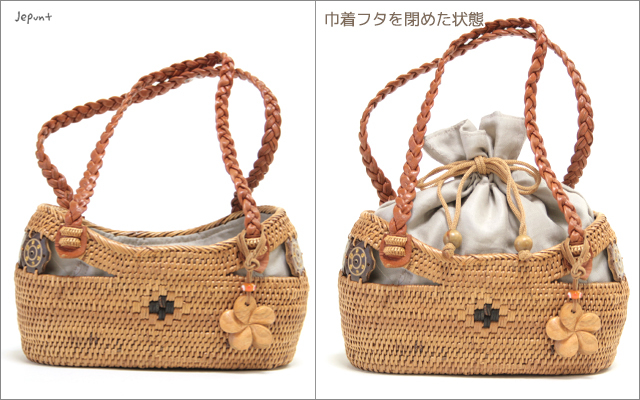 アタバッグ□巾着フタ付き 革手提げミニかごアタバッグ