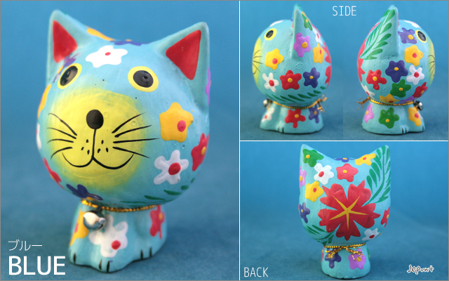 エスニック雑貨□バリ島 花がらネコの木製置物（レッド/ブルー
