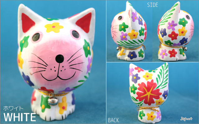 エスニック雑貨□バリ島 花がらネコの木製置物（レッド/ブルー