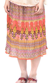 スカート■インド製ひざ丈プリントスカート（ピンク×オレンジ）