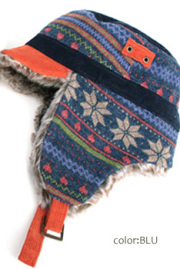 帽子■男女兼用　ノルディック柄　耳あてファー付帽子（ブルー）