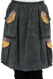 モン族刺繍ポケット膝丈スカート（ブラック）