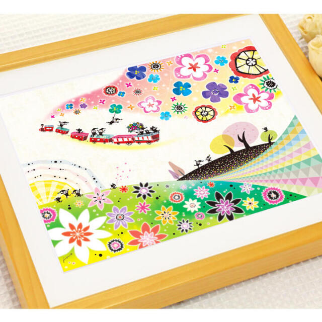 絵画「明日へのおくりもの ~ カラフルバージョン ~」 (ヒヂリンゴ・聖) かわいい絵画・元気が出る絵・列車・風水・お祝い・プレゼント