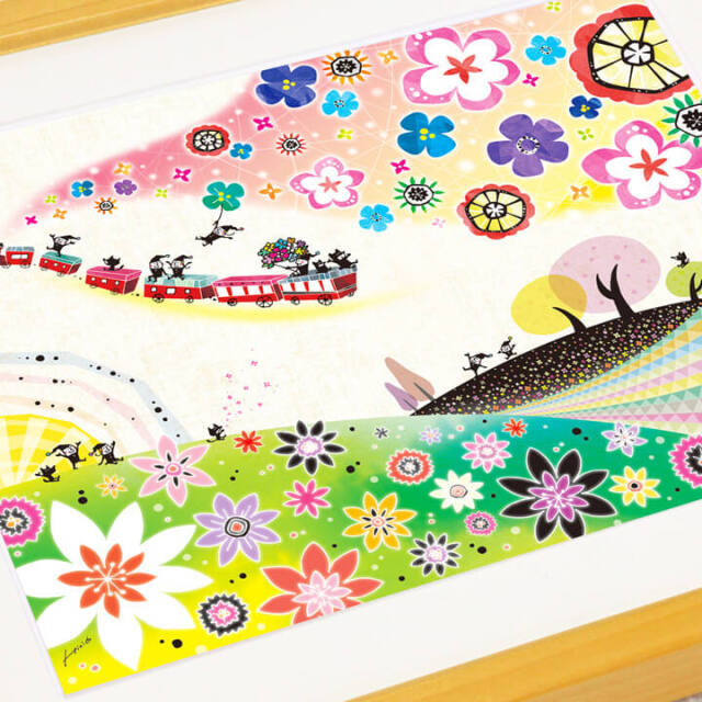 絵画「明日へのおくりもの ~ カラフルバージョン ~」 (ヒヂリンゴ・聖) かわいい絵画・元気が出る絵・列車・風水・お祝い・プレゼント