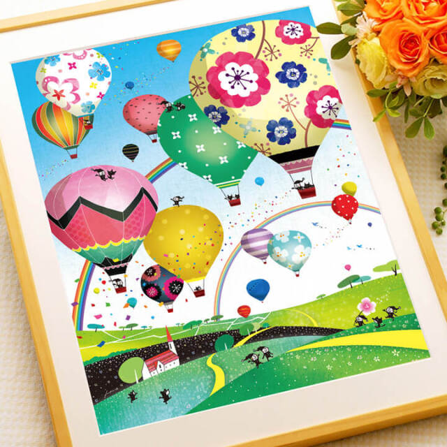絵画「どこまでも どこまでも ~ モーニングバージョン ~」 (ヒヂリンゴ・聖) 可愛い絵画額入り・風水・夏に合う絵・可愛い・気球・明るい空・希望・未来を感じる