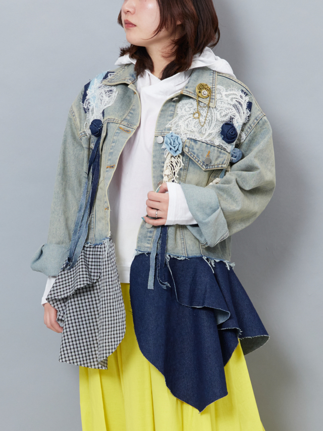 ERMANNO SCERVINO 花フリルジップジャケット ITALY 春秋 レースモチーフフリルデコデニムジャケット la primavera online store
