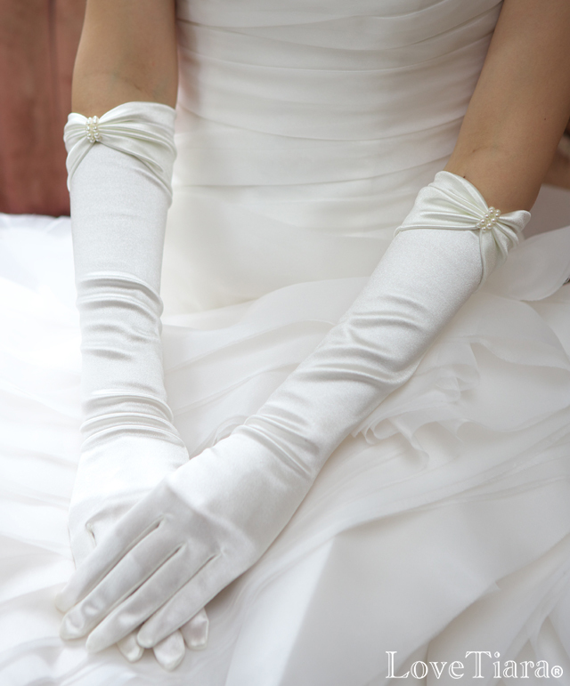 シェイプサテングローブ【ダブルパールリボン】【メール便可】 グローブ サテン ウエディング 結婚式 ブライダル