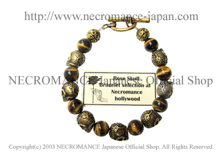 【ネクロマンス NECROMANCE】タイガーアイブラスローズスカルブレスレット Taiger's Eye Brass Rose Skull Bracelet 薔薇 骸骨 虎目石