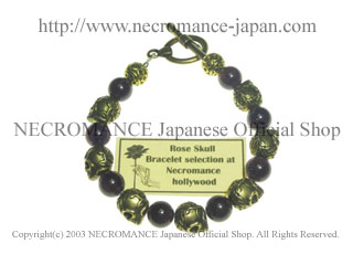 【ネクロマンス NECROMANCE】アメジストブラスローズスカルブレスレット Amethyst Brass Rose Skull Bracelet 薔薇 骸骨 数珠 紫水晶