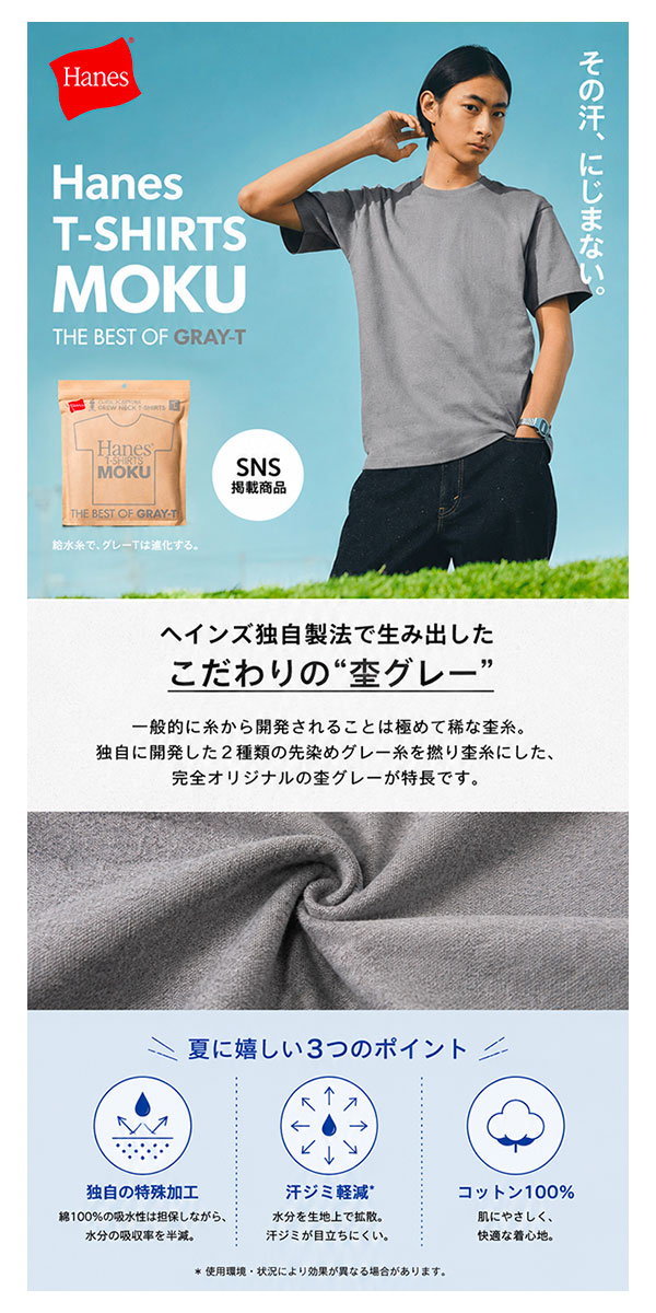 Hanes Tシャツ メンズ 半袖 ヘインズ MOKU クルーネックTシャツ HM1-D203 杢グレー 無地 厚手