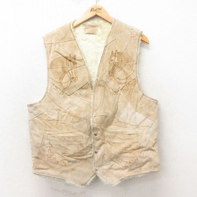 古着通販 L☆古着 スエード レザー ボア ベスト メンズ 馬 パッチ