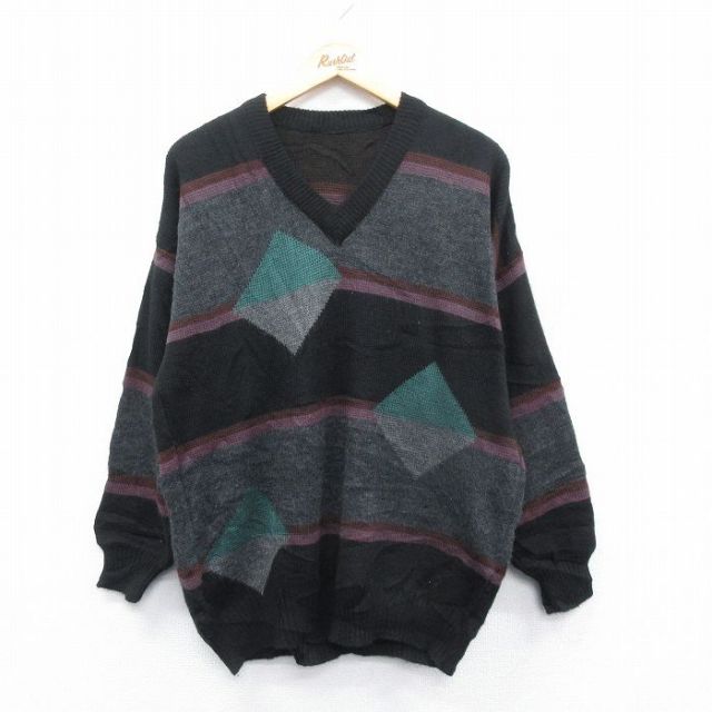 古着 HaaT ハート 日本製 長袖 Vネック セーター 2 ネイビー系  