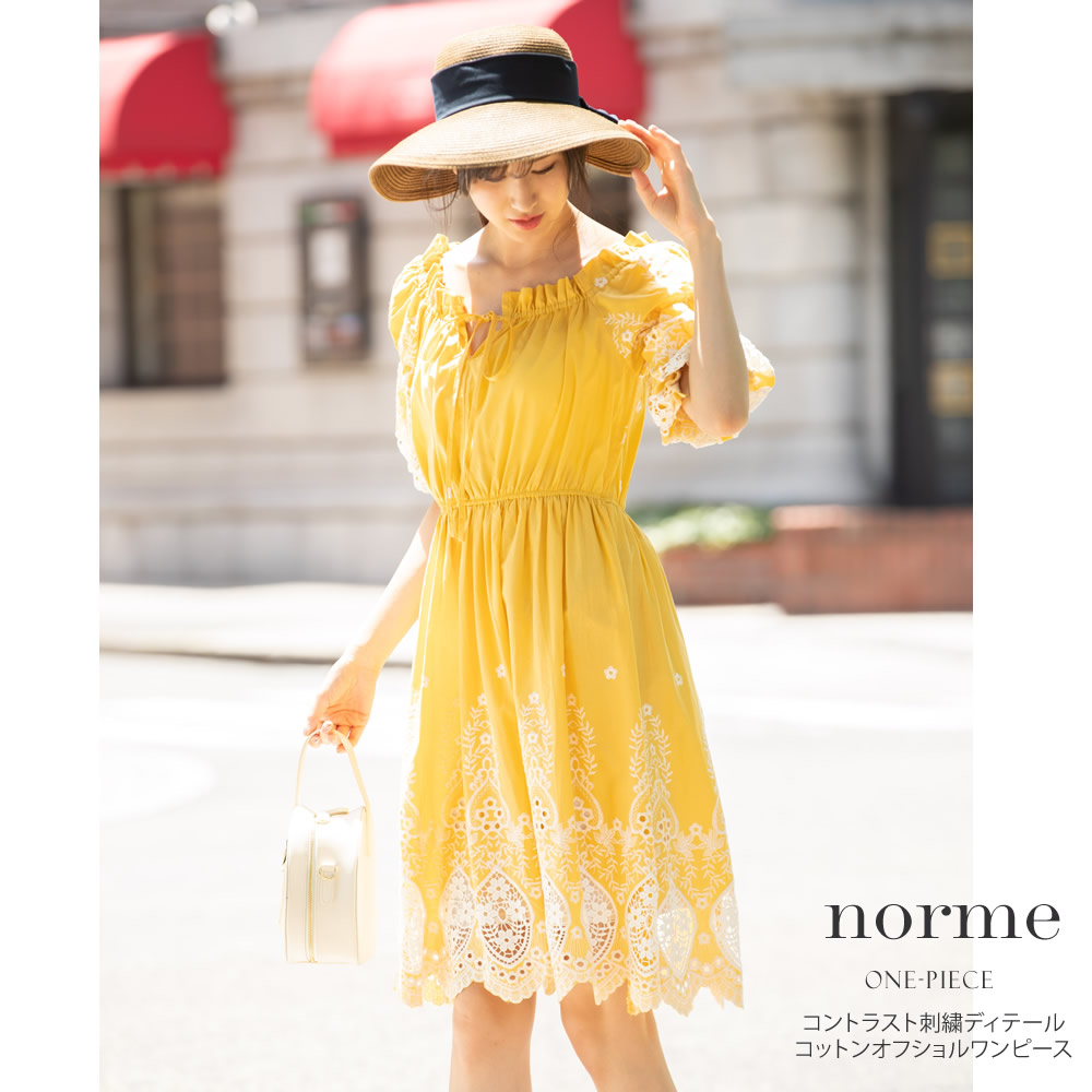 コントラスト刺繍ディテールコットンオフショルワンピース 【norme　ノーミー】 tocco closet(トッコクローゼット) Collection　 オンライン限定販売