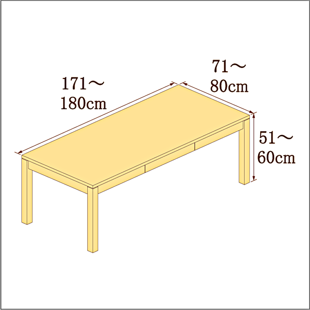 高さ51-60cm/奥行き71-80cm/横幅171-180cmの机/デスク