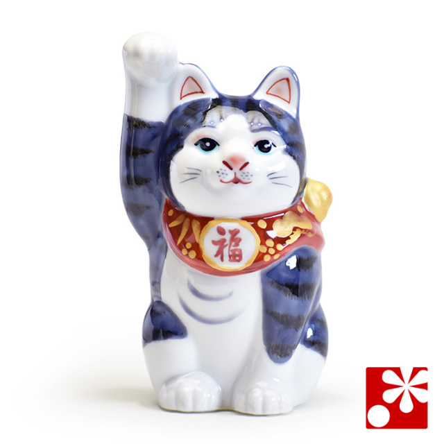 九谷焼 招き猫 置物 紫釉彩(右手)(高 約14cm)(8-1481)