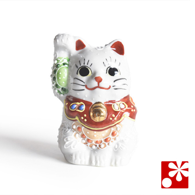 九谷焼 招き猫 白盛(右手)【アウトレット】