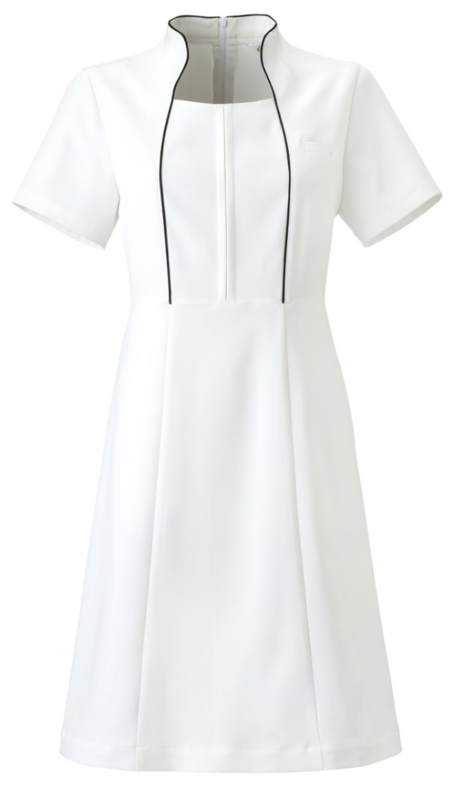 白衣ワンピース ナース服 ラインワンピース ホワイトワンピース 白衣 2枚セット ☆＜ナチュラルビューティー＞美ラインノーカラー配色ワンピース