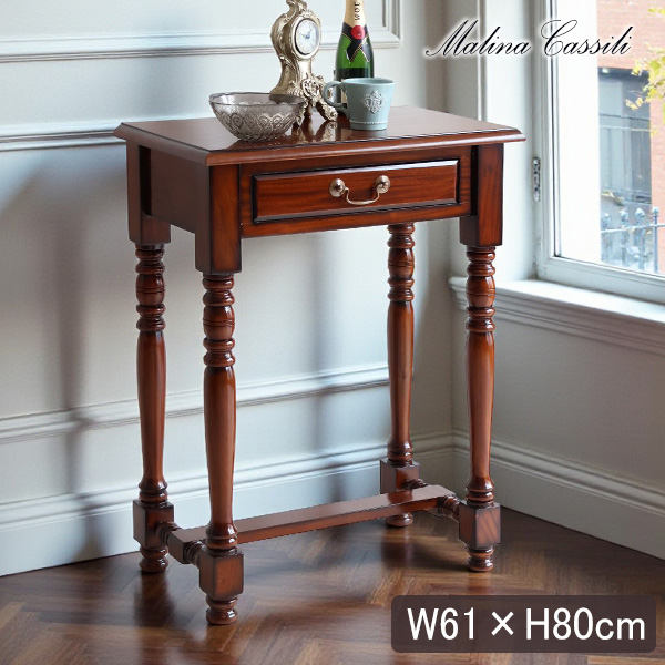 マリナカッシーリ 木製サイドテーブル 引き出し付き クラシックデザイン ダークブラウン 幅61cm 高さ80cm 輸入家具
