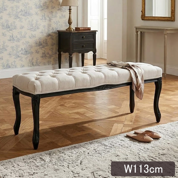 ロングスツール,ベンチ,おしゃれ,ベージュ,リネン生地,輸入家具,猫脚,玄関スツール,ベッドエンド,スツール,長方形