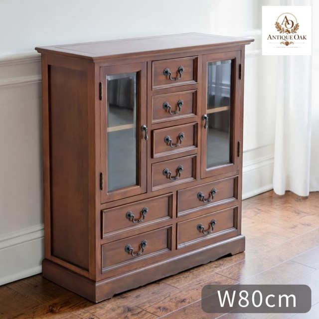 【最大7%OFF・まとめ買い割引対象商品(10月31日(土)まで)】Antique Oak Collection ガラス戸8引チェスト(W80cm) 【送料無料・開梱設置付き】