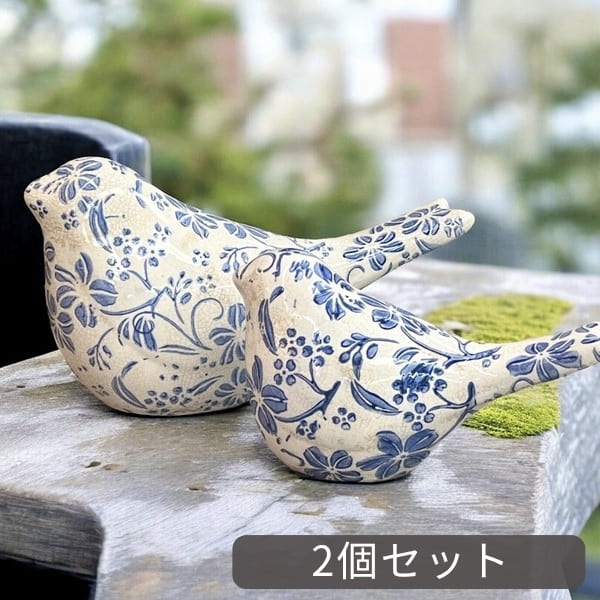 バードオブジェ2点セット ブルーフラワー 小鳥置物 海外インテリア雑貨-9