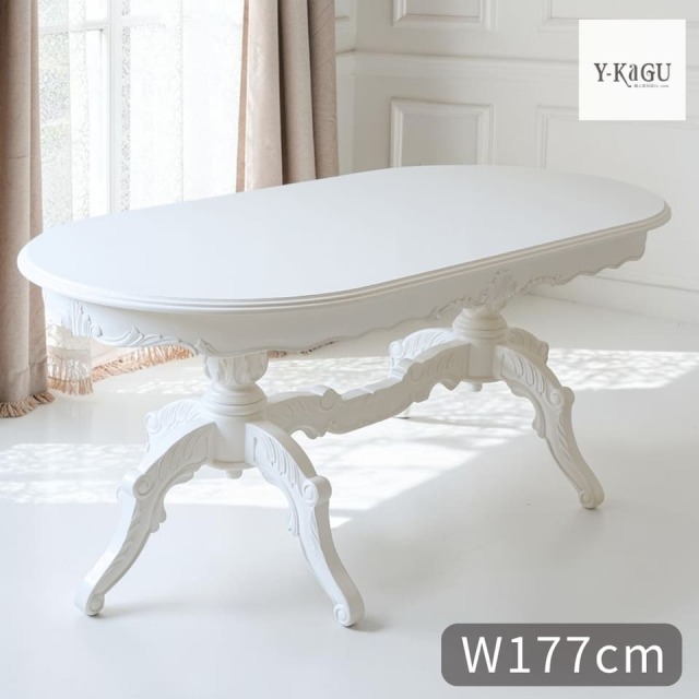 Famille ダイニングテーブル,白家具,姫系ロココ調,幅177cm 4-6人掛け対応,楕円形テーブル,猫脚で優雅な佇まい-21