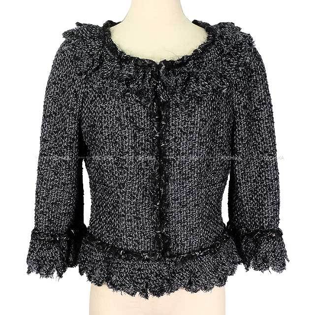 CHANEL ノーカラージャケット 黒ツイード CHANEL シャネル ノーカラージャケット ツイード フロントジップ