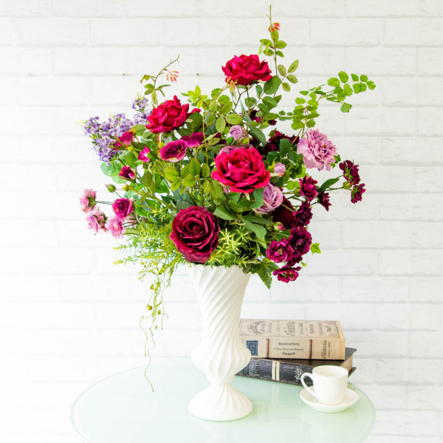 Pa275 造花アレンジメント ローズ スプレーローズ ライラック アジアンタム 陶器鉢 フラワーアレンジメント 造花 アーティフィシャルフラワー テーブルフラワー テーブルサイズ 卓上サイズ フラワーアレンジ