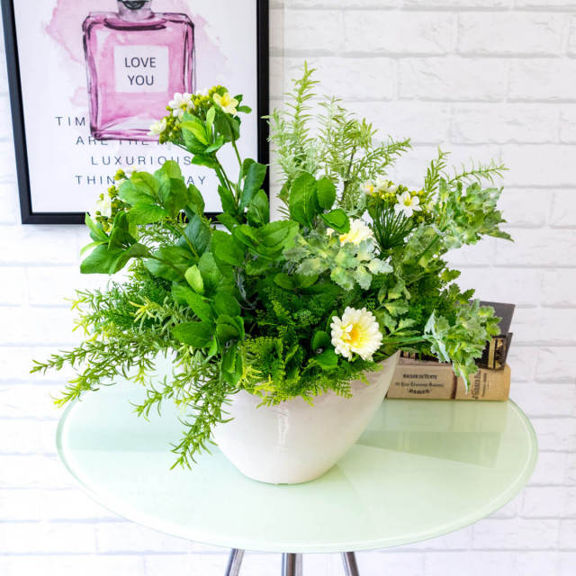 Pas011 造花アレンジメント ローズマリー ガーベラ ボックスウッド ミント パセリ バジル アリューム プラスチック合成樹脂鉢 デザインポット ミニプランター フラワーアレンジメント アーティフィシャルフラワー アートフラワー インテリア テーブルサイズ