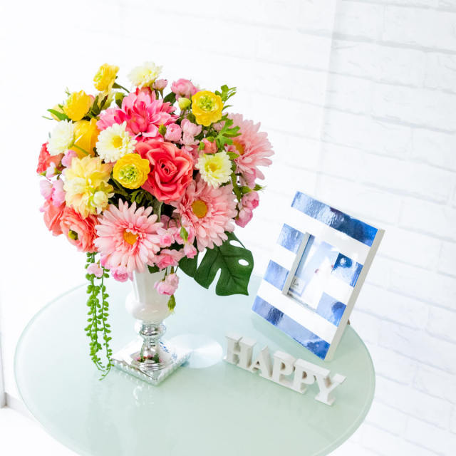 Pas018 造花アレンジメント ローズ ラナンキュラス ガーベラ ダリア 陶器鉢