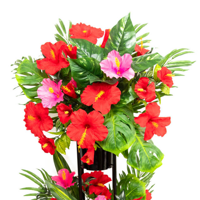 Ps034 2 Danstand Bk 造花お祝い二段スタンド花 ハイビスカス ヤシノハ モンステラ レッドピンク系 Bkスタンド スタンド花 お祝い花 開店祝い 開業祝い 楽屋花 イベント 劇場 コンサート リニューアルオープン パチンコ店