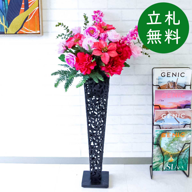 造花 スタンド アレンジ 祝い 開店 開業 H約105cm 移転 装飾 フラワー 花 ギフト プレゼント アレンジメント フェイク 店舗 住宅展示場 モデルハウス ホテル 冬装飾 クリスマス【PA476-IR72BK 造花スタンドアレンジ(ポインセチア・etc)/アイアンスタンド72BK】