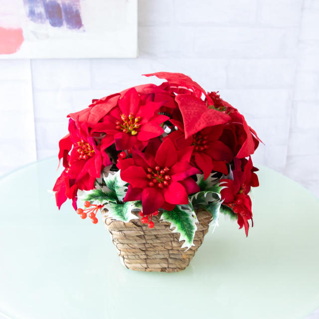 造花テーブルアレンジメント(ポインセチア) 高さ25cm バスケット鉢  /クリスマス装飾 フラワーアレンジメント インテリアフラワー フェイク 卓上 おしゃれ 装飾 置き型 店舗装飾 店内装飾  (PAS108)