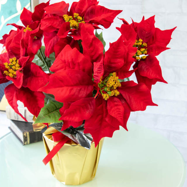 クリスマスフラワーアレンジメント♡ベルベットポインセチアのクリスマスアレンジ Amazon｜クリスマスフラワー ポインセチア 造花 光触媒 のある