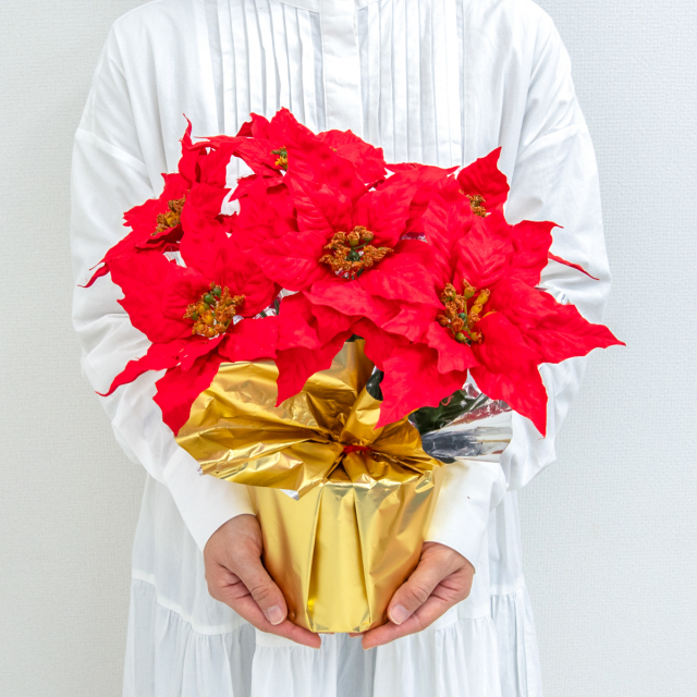 造花アレンジメントポット(ポインセチア/レッド) 高さ40cm   /クリスマス装飾 フラワーアレンジメント テーブルプランター インテリアフラワー フェイク 卓上 おしゃれ 装飾 置き型 店舗装飾 店内装飾  (PAS116)