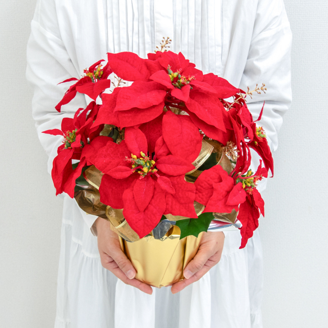 造花アレンジメントポット(ポインセチア/レッド) 高さ38cm   /クリスマス装飾 フラワーアレンジメント テーブルプランター インテリアフラワー フェイク 卓上 おしゃれ 装飾 置き型 店舗装飾 店内装飾  (PAS140)