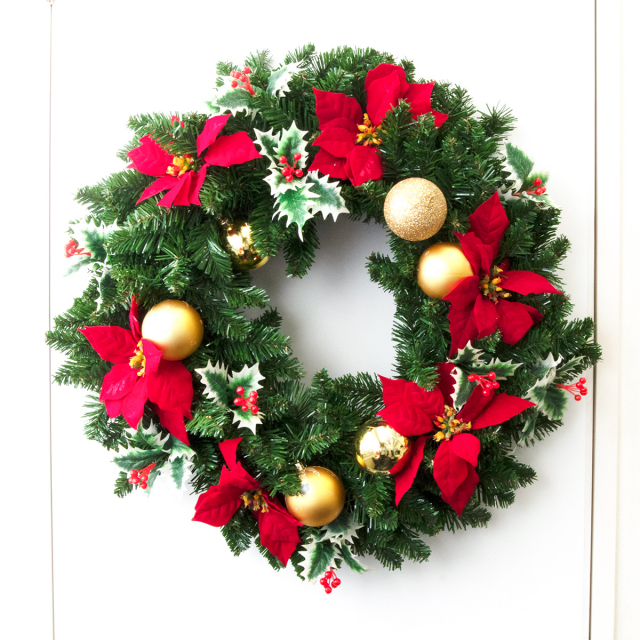 造花オーナメント付きクリスマスリース/大きめサイズ Φ約55cm