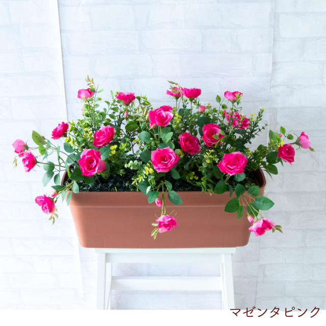 造花プランター フラワープランター フラワーアレンジメント フェイクグリーン 店舗装飾 ディスプレイ パチンコ店 工事現場 住宅展示場 モデルハウス ショールーム 通年 マゼンタピンク/PF530-LB 造花プランター(ガーデンローズ/マゼンタピンク):Dプ
