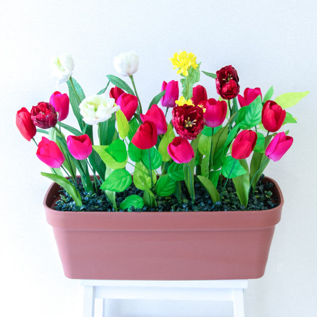 造花プランター フラワープランター フラワーアレンジメント フェイクグリーン 店舗装飾 ディスプレイ パチンコ店 工事現場 住宅展示場 モデルハウス ショールーム 春装飾 マルチカラー/PF539-LB 造花プランター(チューリップ・etc):Aプ