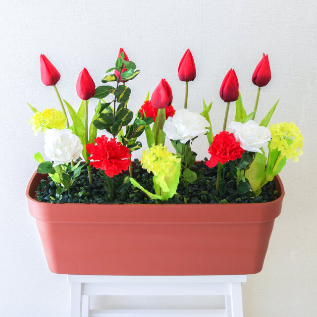 造花プランター フラワープランター フラワーアレンジメント フェイクグリーン 店舗装飾 ディスプレイ パチンコ店 工事現場 住宅展示場 モデルハウス ショールーム 春装飾 マルチカラー/PF560-LB 造花プランター(チューリップ・菜の花・etc):Aプ