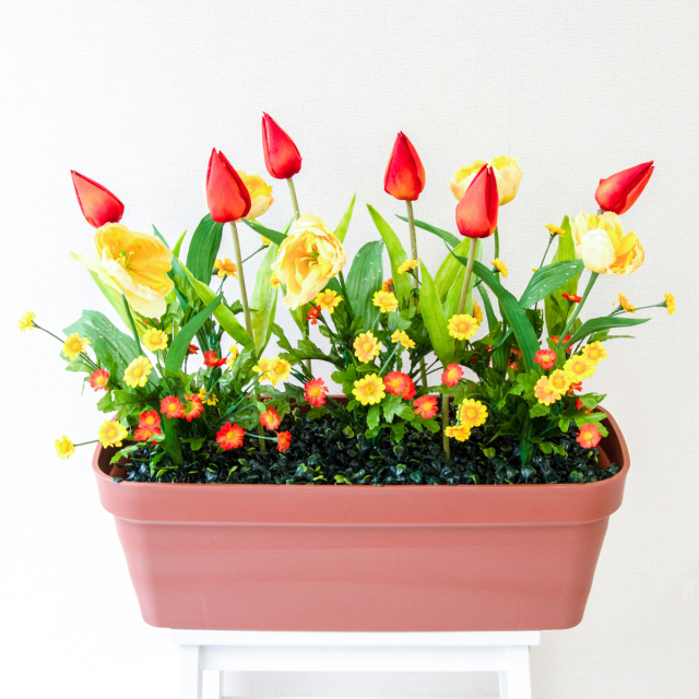 造花プランター フラワープランター フラワーアレンジメント フェイクグリーン 店舗装飾 ディスプレイ パチンコ店 工事現場 住宅展示場 モデルハウス ショールーム 春装飾 イエロー/PF610-LB 造花プランター(チューリップ):Aプ
