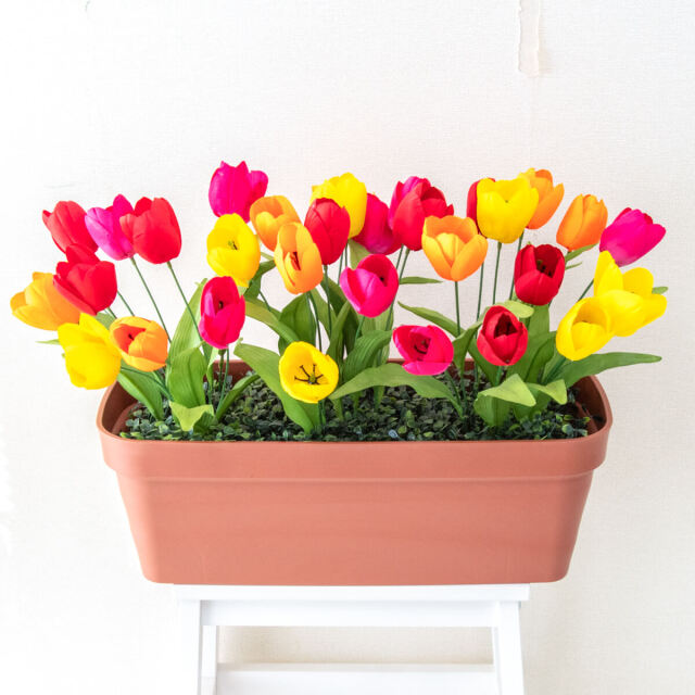造花プランター フラワープランター フラワーアレンジメント フェイクグリーン 店舗装飾 ディスプレイ パチンコ店 工事現場 住宅展示場 モデルハウス ショールーム 春装飾 マルチカラー/PF624-LB 造花プランター(チューリップ):Aプ