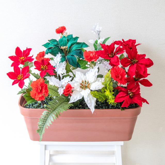 造花プランター フラワープランター フラワーアレンジメント フェイクグリーン 店舗装飾 ディスプレイ パチンコ店 工事現場 住宅展示場 モデルハウス ショールーム 冬装飾 クリスマス マルチカラー/PF692-LB 造花プランター(ポインセチア・ひいらぎ)