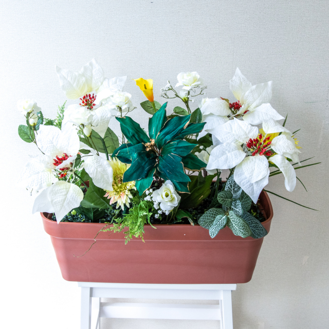 造花プランター フラワープランター フラワーアレンジメント フェイクグリーン 店舗装飾 ディスプレイ パチンコ店 工事現場 住宅展示場 モデルハウス ショールーム 冬装飾 クリスマス ホワイト/PF697-LB 造花プランター(ポインセチア・フィトニア)