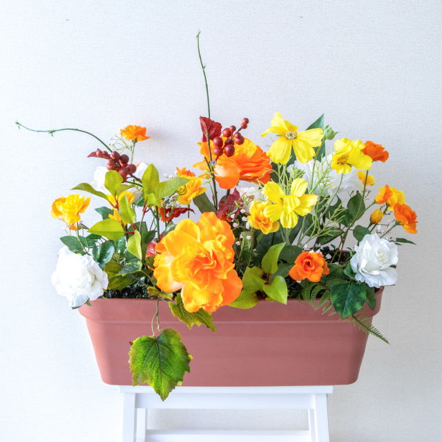 造花プランター フラワープランター フラワーアレンジメント フェイクグリーン 店舗装飾 ディスプレイ パチンコ店 工事現場 住宅展示場 モデルハウス ショールーム ミックス イエロー/PF715-LB 造花プランター(ローズ・コスモス)